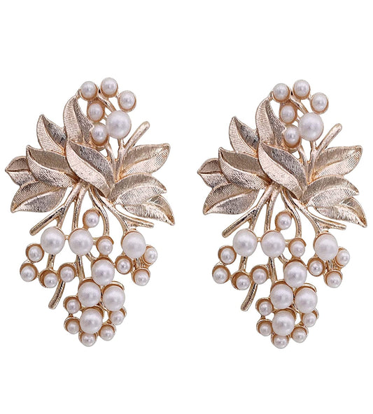 Rhodium-Plated Alloy Designer Golden Pearl Earrings - The Pari