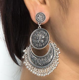 Silver-Plated Alloy Oxidised Designer Earrings - The Pari