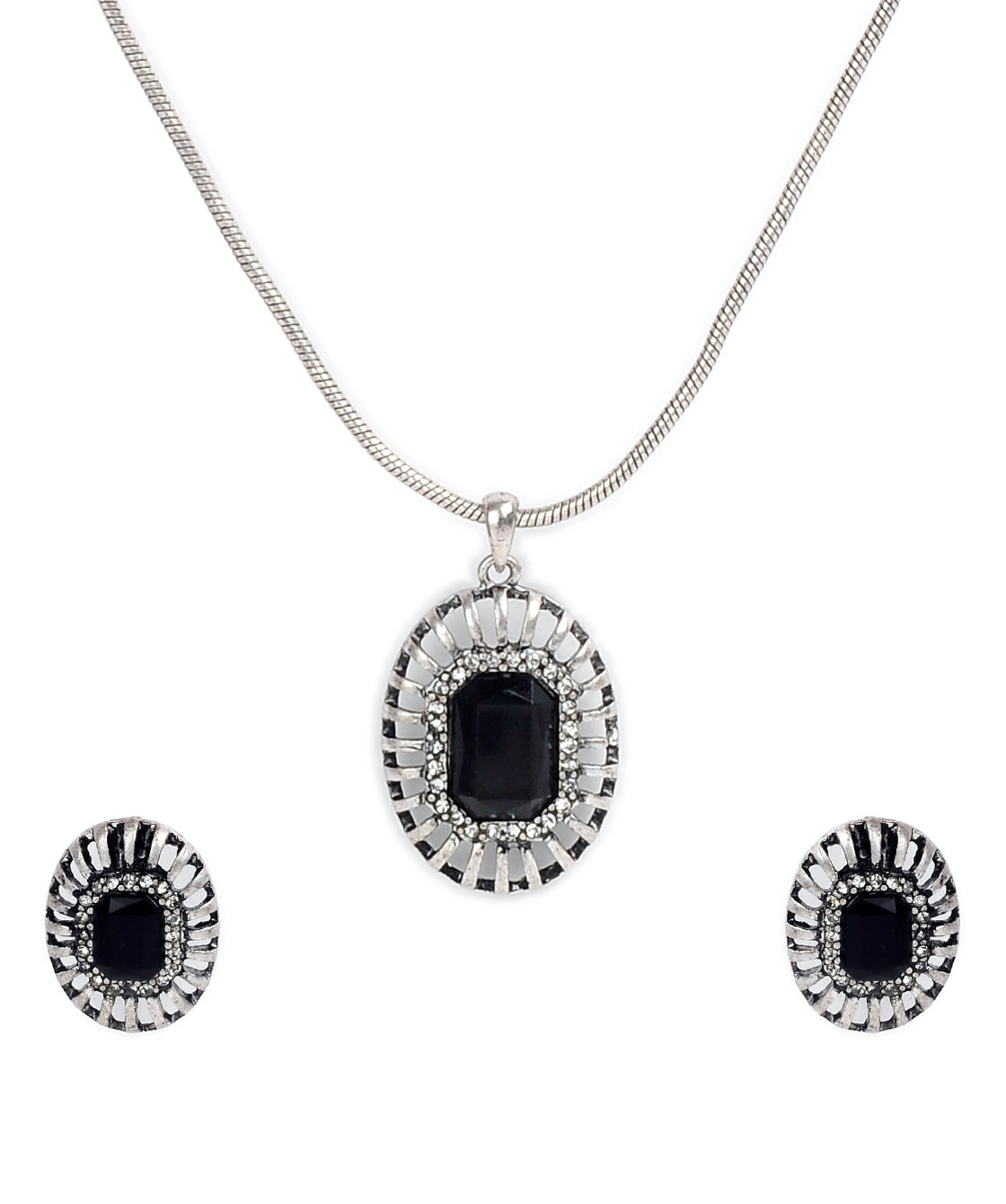 Silver-Plated Alloy Black Stone Pendant Necklace - The Pari