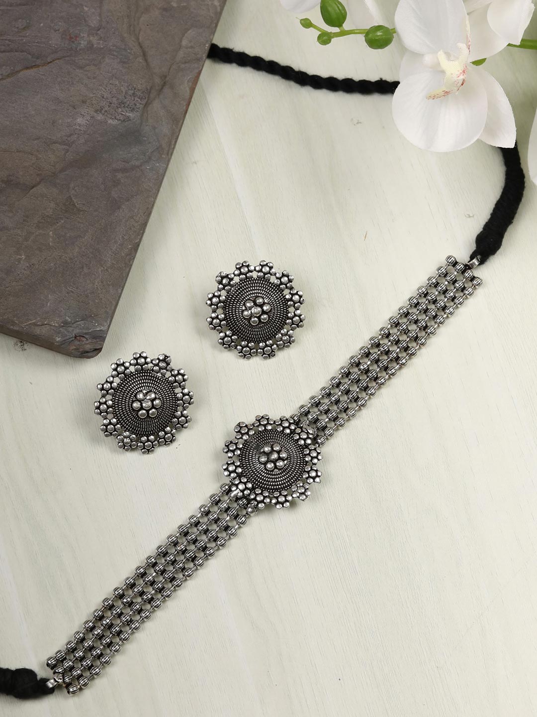Rhodium-Plated Alloy Silver Beaded Choker Necklace - The Pari