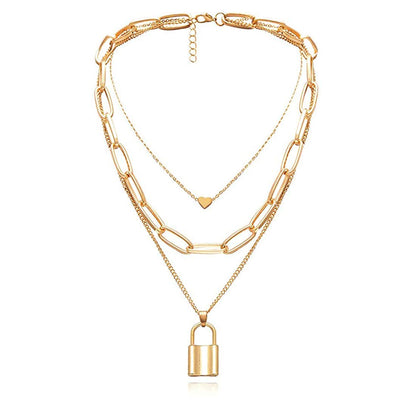 Gold-Polished Alloy Lock & Heart Multiple Chain Necklace - The Pari