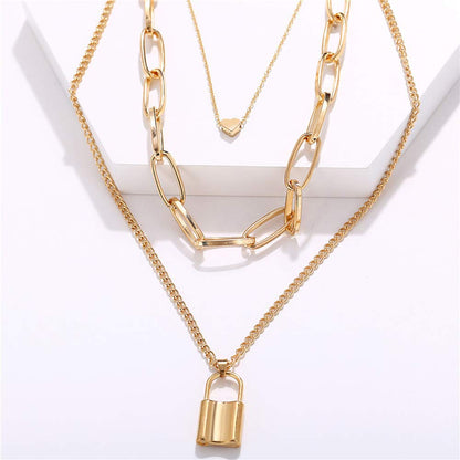 Gold-Polished Alloy Lock & Heart Multiple Chain Necklace - The Pari