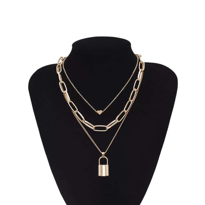 Gold-Polished Alloy Lock & Heart Multiple Chain Necklace - The Pari