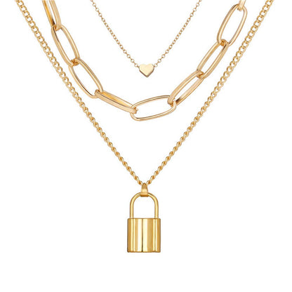 Gold-Polished Alloy Lock & Heart Multiple Chain Necklace - The Pari