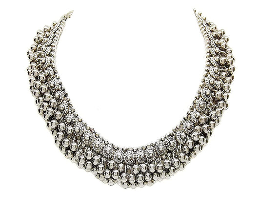 Rhodium-Plated Alloy Silver Bead Cluster Choker Necklace - The Pari