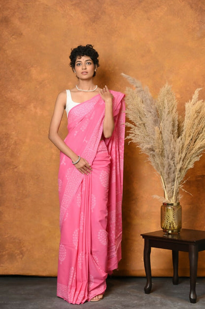 Very Much Indian Handblock Printed Cotton Saree With Natural Dyes - Pink