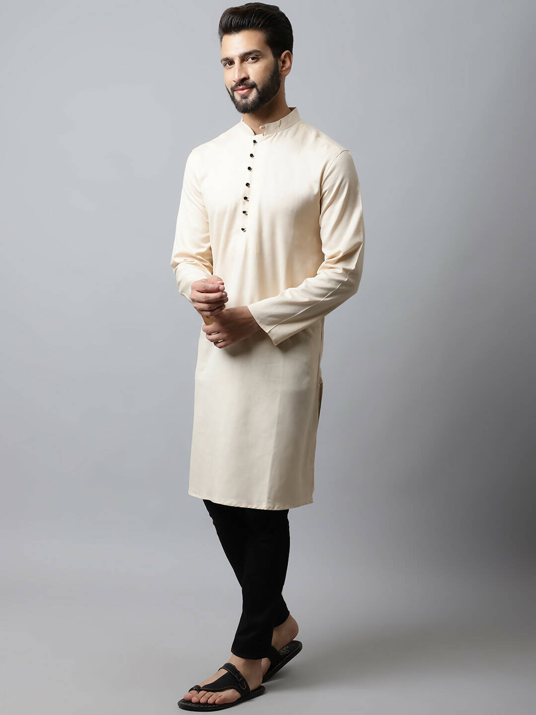 Even Apparels Cream Color Pure Cotton Men's Kurta With Side Placket (SLD1176)