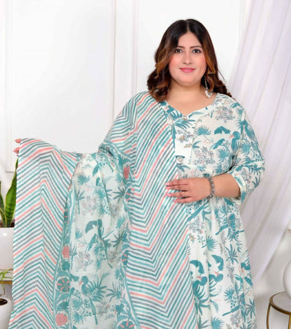Miravan Women's Plus Size Light Green Cotton Birds And Leaf Floral Printed And Lace Border Details Anarkali Kurta And Dupatta Set