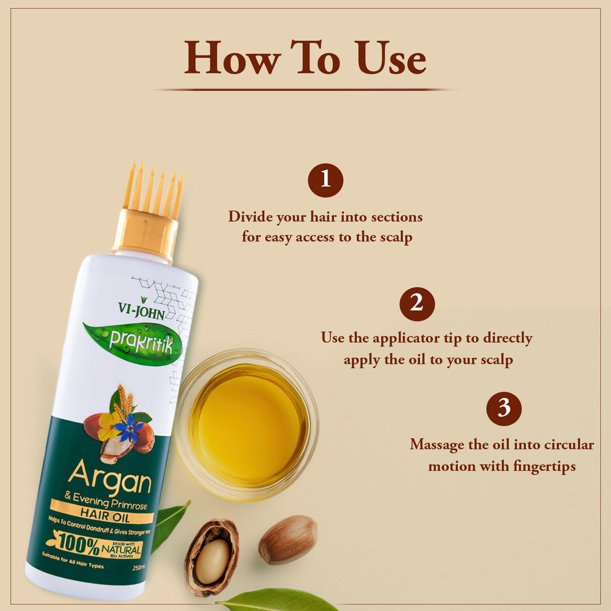 VI-JOHN Prakritik Argan & Evening Primrose Hair oil, Helps to Control Dandruff,100% Bio Actives Hair Oil