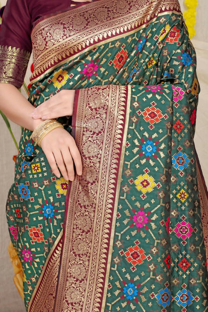 Jyoti Fashion Women's Bottle Green Patola Silk Zari Woven Saree with Blouse