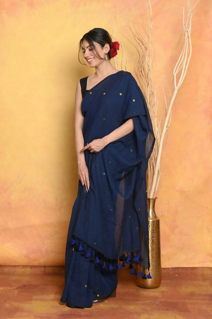 Very Much Indian Pure Mul Cotton Handloom Saree - Dark Blue