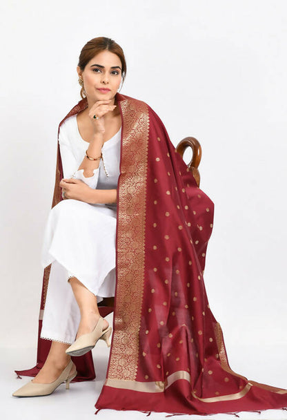Mominos Fashion Moeza Women's Banarsi Silk Woven Design Maroon Dupatta