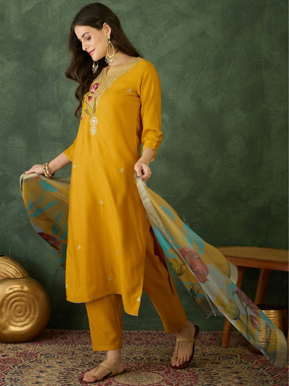 The52 Mustard Women's Beautiful Rayon Fabric Embroidered Work Straight Kurta, Pant and Dupatta Set