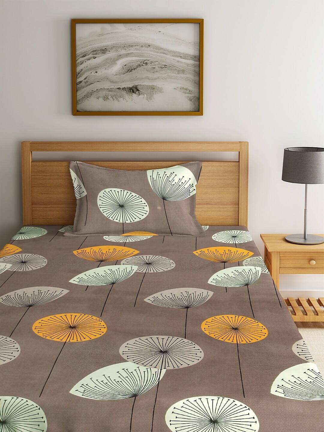 KLOTTHE Brown & Yellow Floral 210 TC Cotton Bedsheet with Pillow Cover