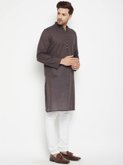 Even Apparels Brown Pure Cotton Long Men's Kurta With Band Collar