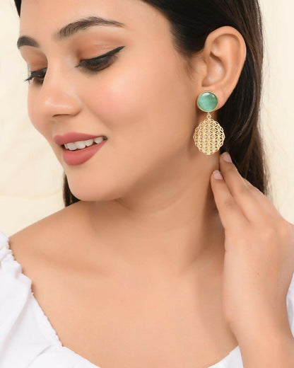 VOJ One Gram Gold-Polished Teal Colored Stone Studded Earrings