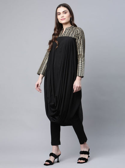 Ahalyaa Womens Black Crepe Rubber Print Cowl Style Kurta