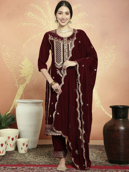 Jyoti Fashion Women's Maroon Velvet Cording with Resham Thread & Sequin Kurta with Trouser & Dupatta