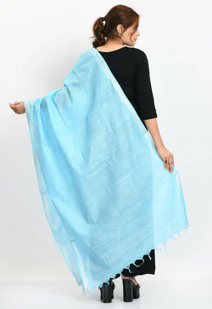 Mominos Fashion Moeza Women's Linen Cotton Silver Border Sky Blue Dupatta