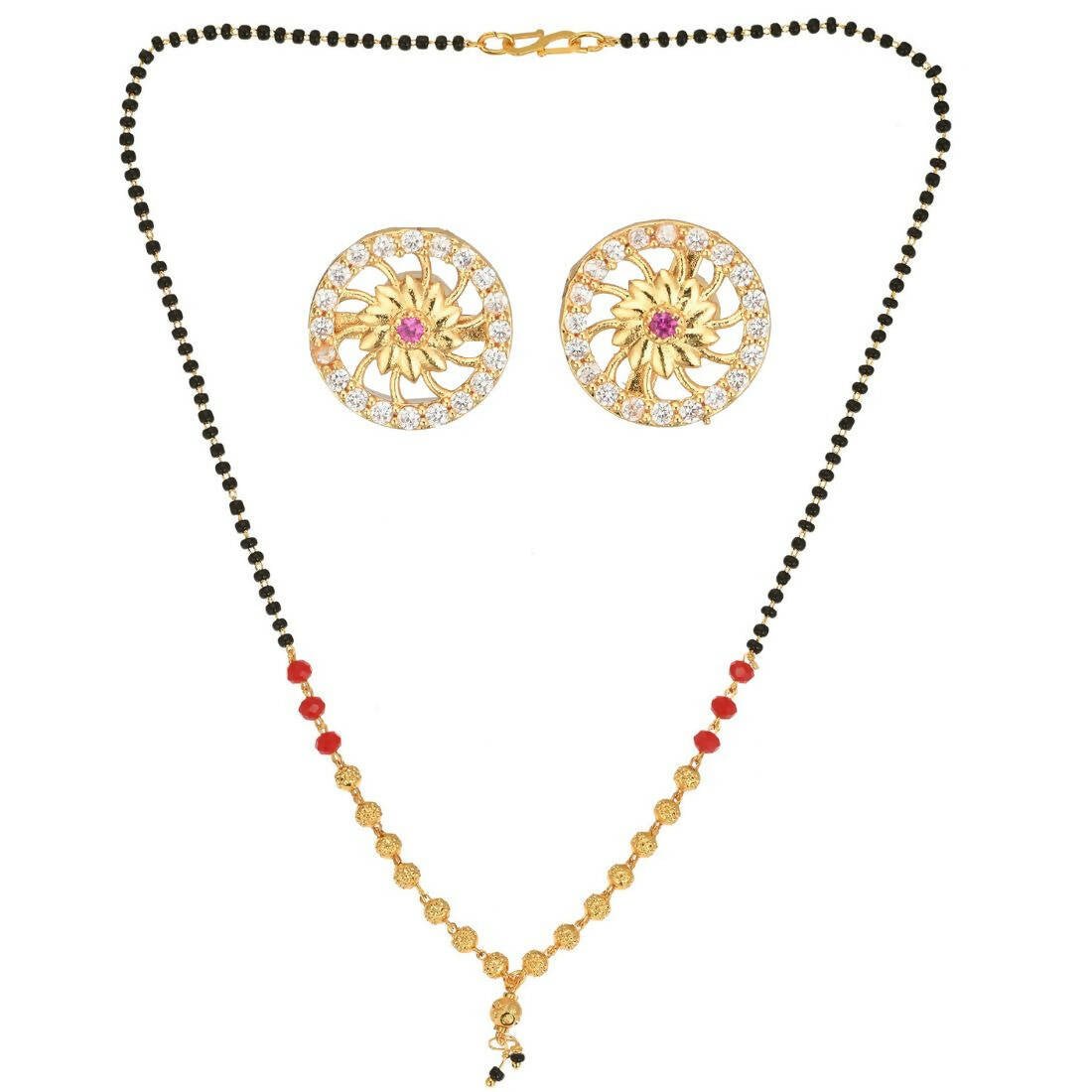 AanyaCentric Gold-Polished Short Mangalsutra Set with Earrings