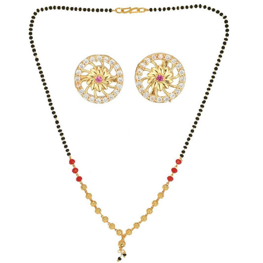 AanyaCentric Gold-Polished Short Mangalsutra Set with Earrings