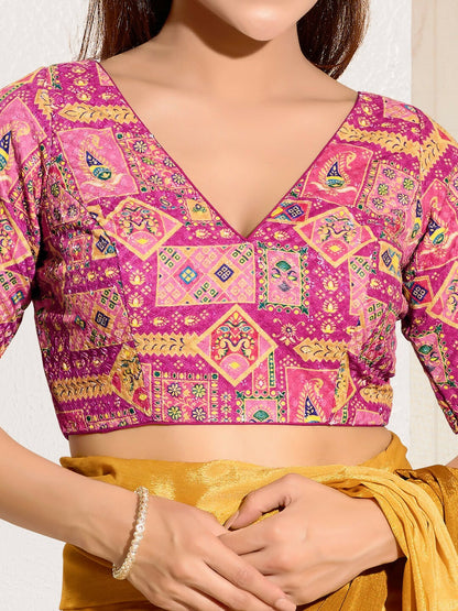 Joban Fashion Pink Viscose Rayon Padded Blouse With V Neck Elbow Sleeves