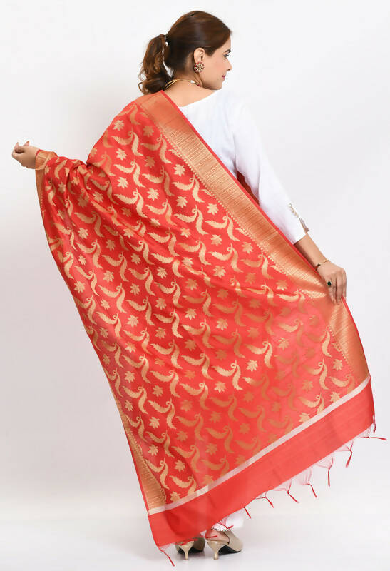 Mominos Fashion Moeza Women's Banarsi Silk Floral Woven Design Red Dupatta