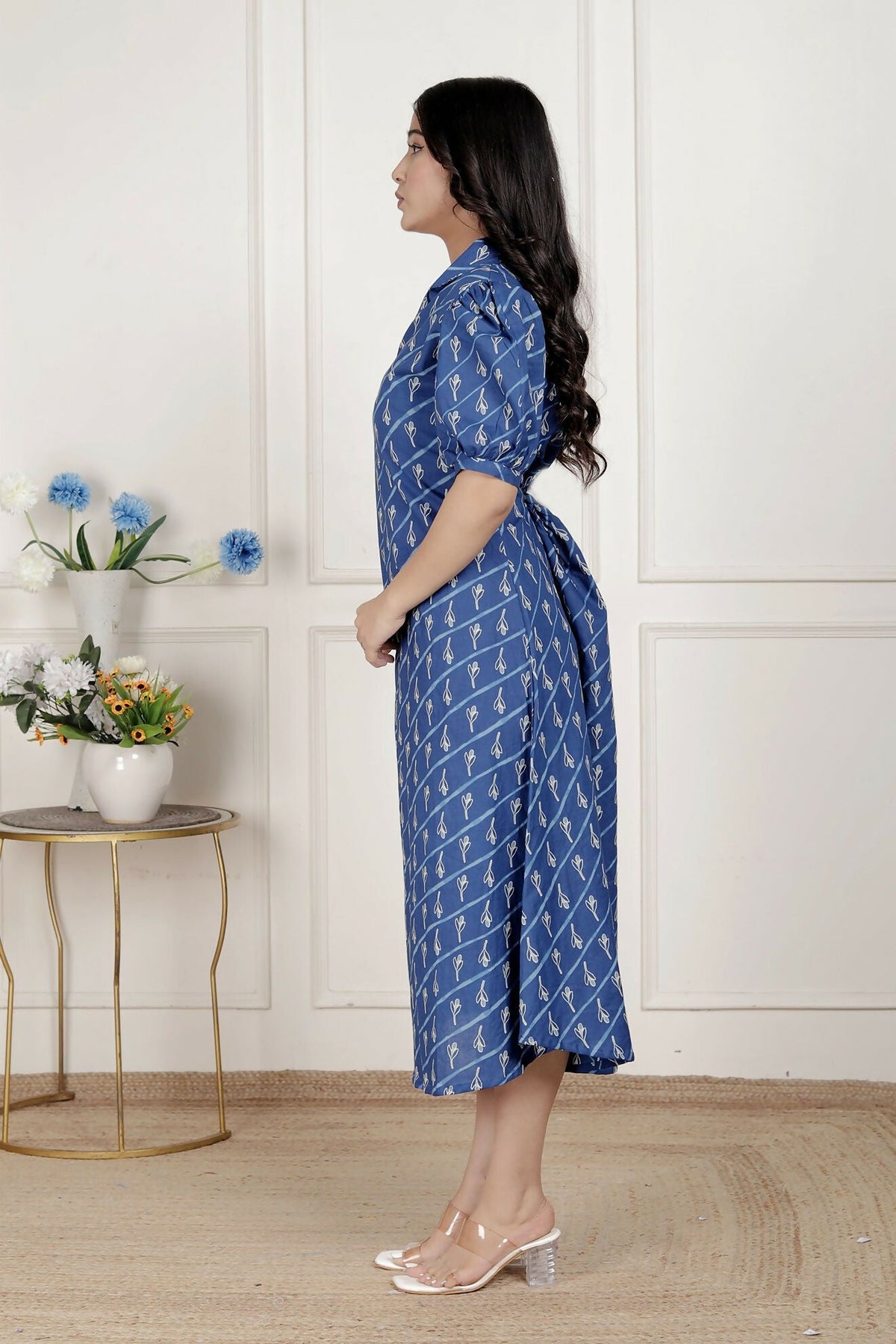 Miravan Womens Floral Print Blue Collar-Neck Puff Sleeves A-Line Maxi Dress