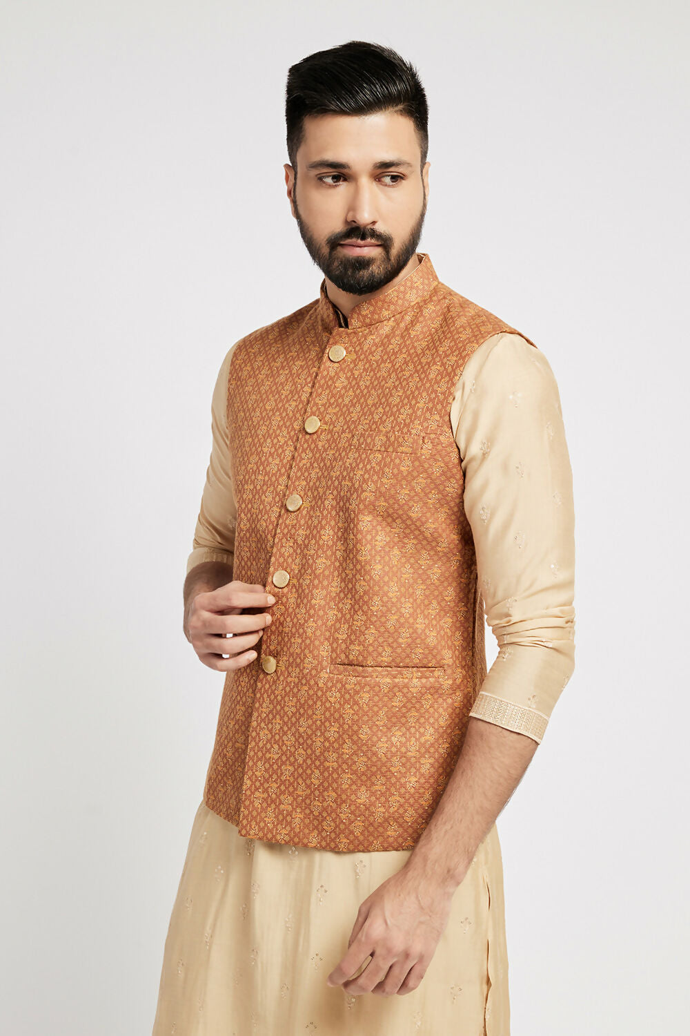 Ethnic India Brown Bundi Men's Jacket Abstract Blended