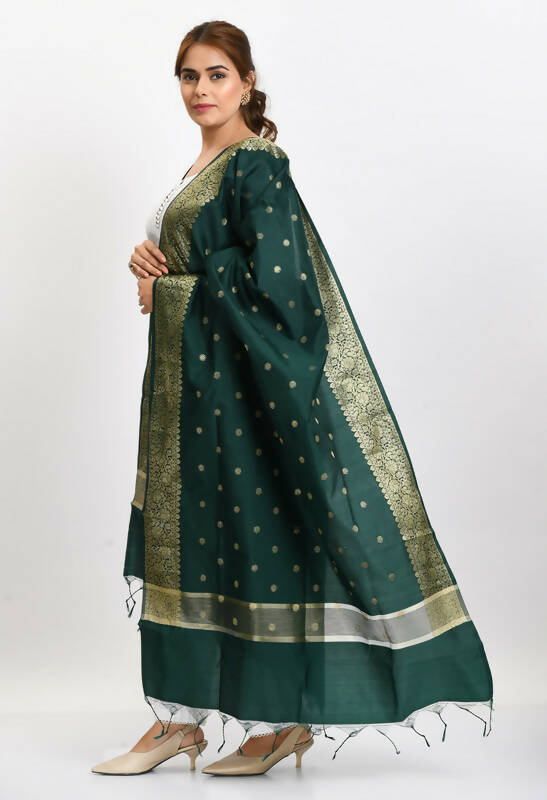 Mominos Fashion Moeza Women's Banarsi Silk Woven Design Bottle Green Dupatta