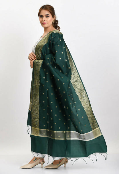 Mominos Fashion Moeza Women's Banarsi Silk Woven Design Bottle Green Dupatta