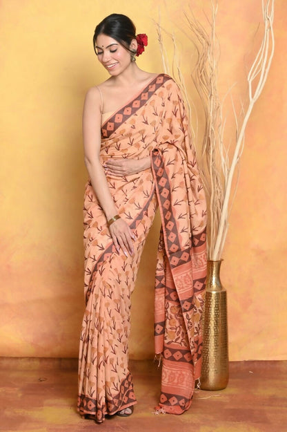 Very Much Indian Designer Modal Silk Saree With With Beautiful Floral Print - Light Orange