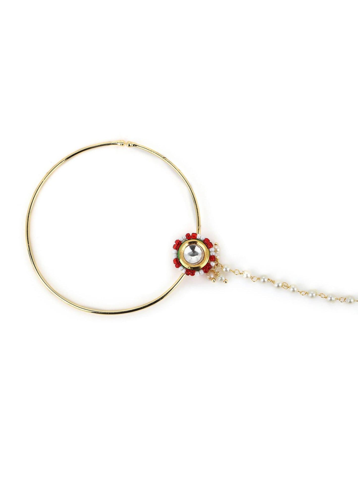 Gold-Pleated Red White Kundan Studded Beaded Chained Nosepin - Ruby Raang