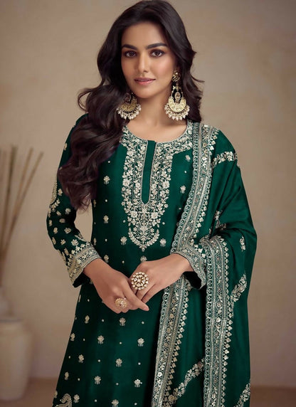 Vastranavya Glamorous Green Chinon Palazzo Suit With Intricate Sequins Embroidery Work with Dupatta