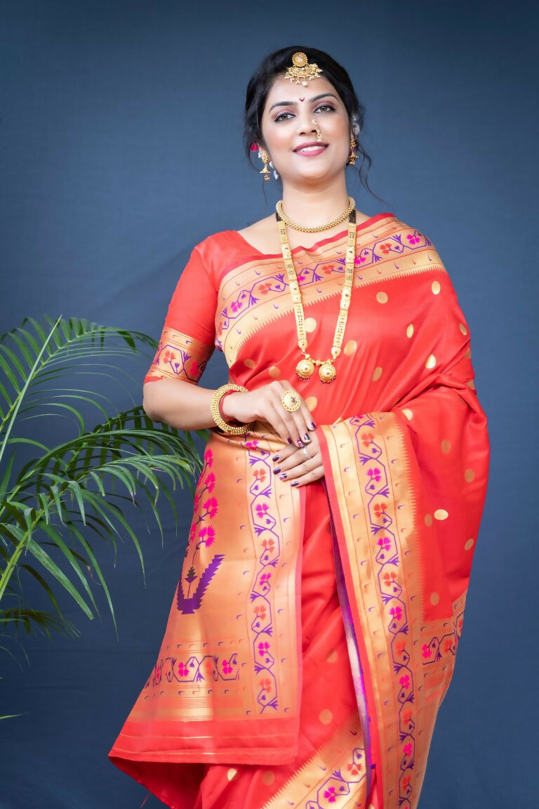Jyoti Fashion Women's Red Paithani Silk Zari Woven Saree with Blouse