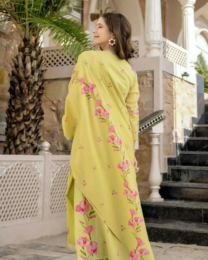 The52 Lemons Women's Beautiful Chanderi Fabric Printed Work Straight Kurta Pant and Dupatta Set