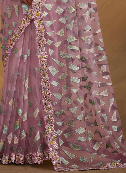 Light Purple Velvet Texture Net Designer Saree with Unstitched Blouse - Norita Mahitha