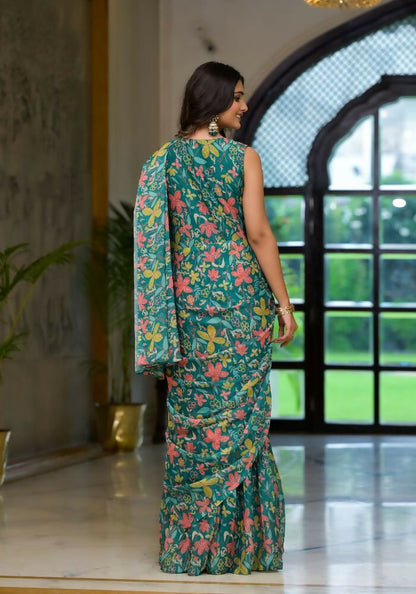 Partywear Designer Green Slime Georgette Fancy Saree - Anbazaar