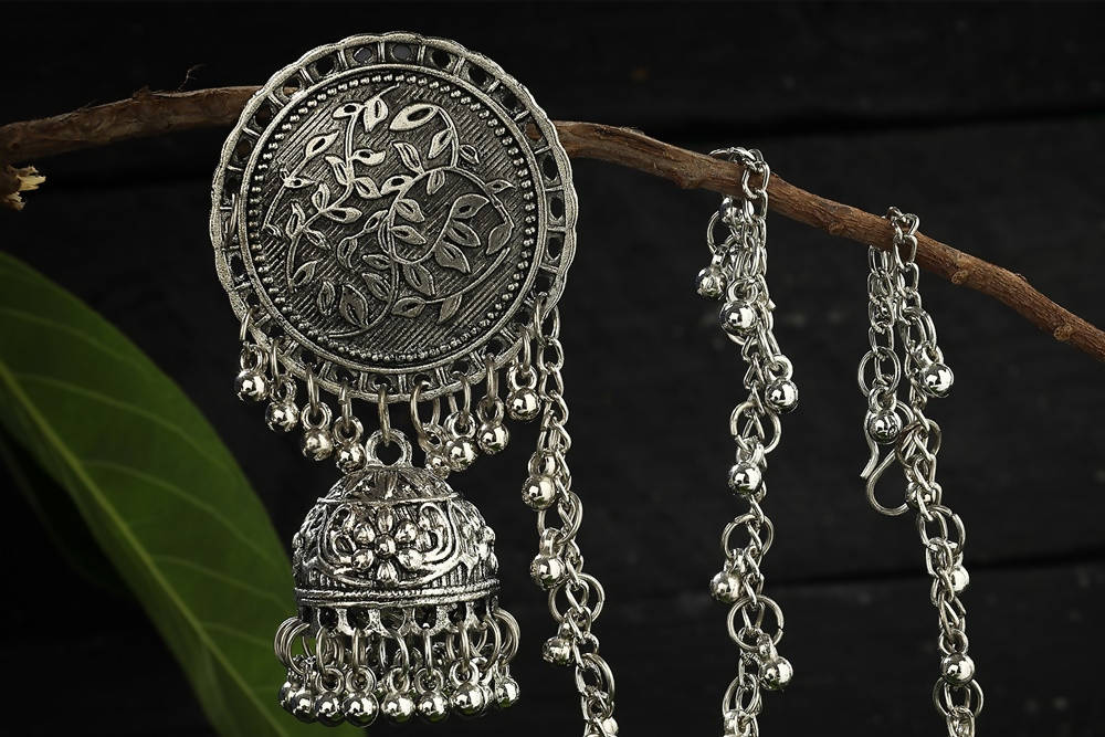 Mominos Fashion Johar Kamal Trendy Oxidized Silver Plated Bahubali Jhumkas