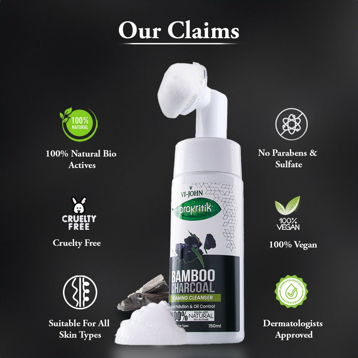 VI-JOHN Prakritik Bamboo Charcoal geling , Removes Tan, 100% Natural Bio Actives Face Wash