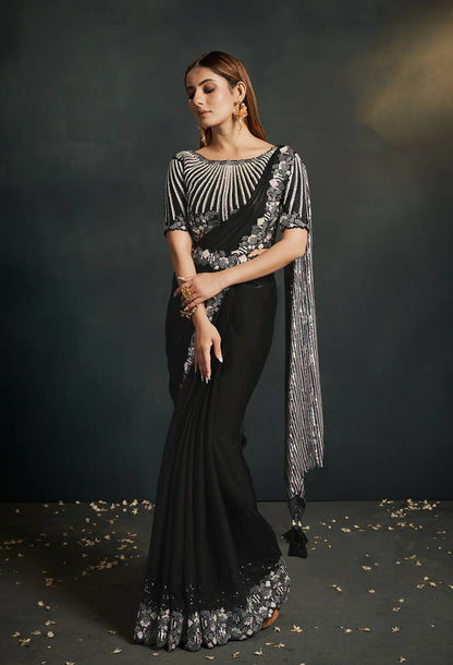 Black Silk Crepe Satin Cord Sequence & Thread Embroidered & Stone Work Saree - Moh-Manthan Royal Enigma