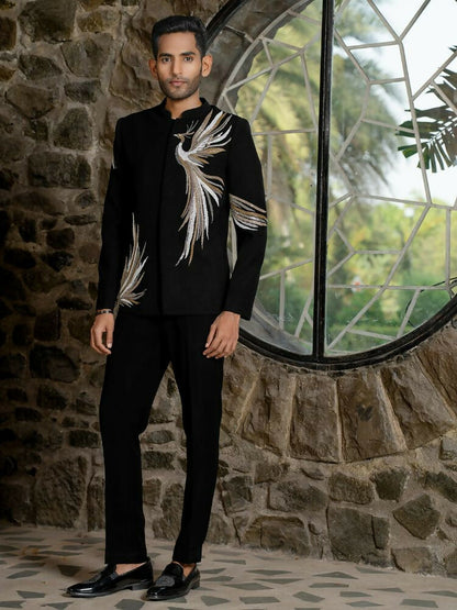 Black Bandhgala Elegance – Black Leaf Embroidery by Hilo Design