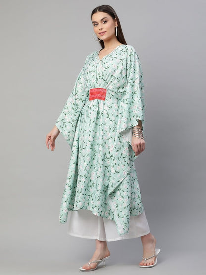 Ahalyaa Women Light Green Rayon Printed Flared Sleeve Kaftan Kurta
