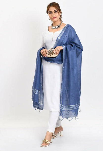 Mominos Fashion Moeza Women's Linen Cotton Silver Border Blue Dupatta