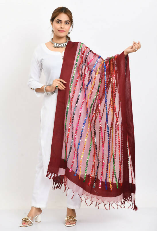 Mominos Fashion Moeza Women's Orgenza Multi Thread Mirror Work Maroon Dupatta