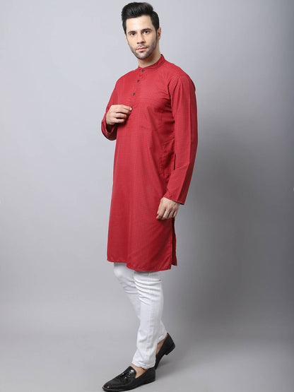 Even Apparels Maroon Cotton Checked Men's Kurta With Band Collar