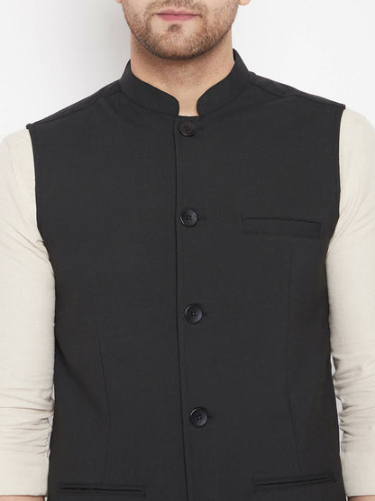 Even Apparels Black Merino Men Woven Nehru Jacket PW668
