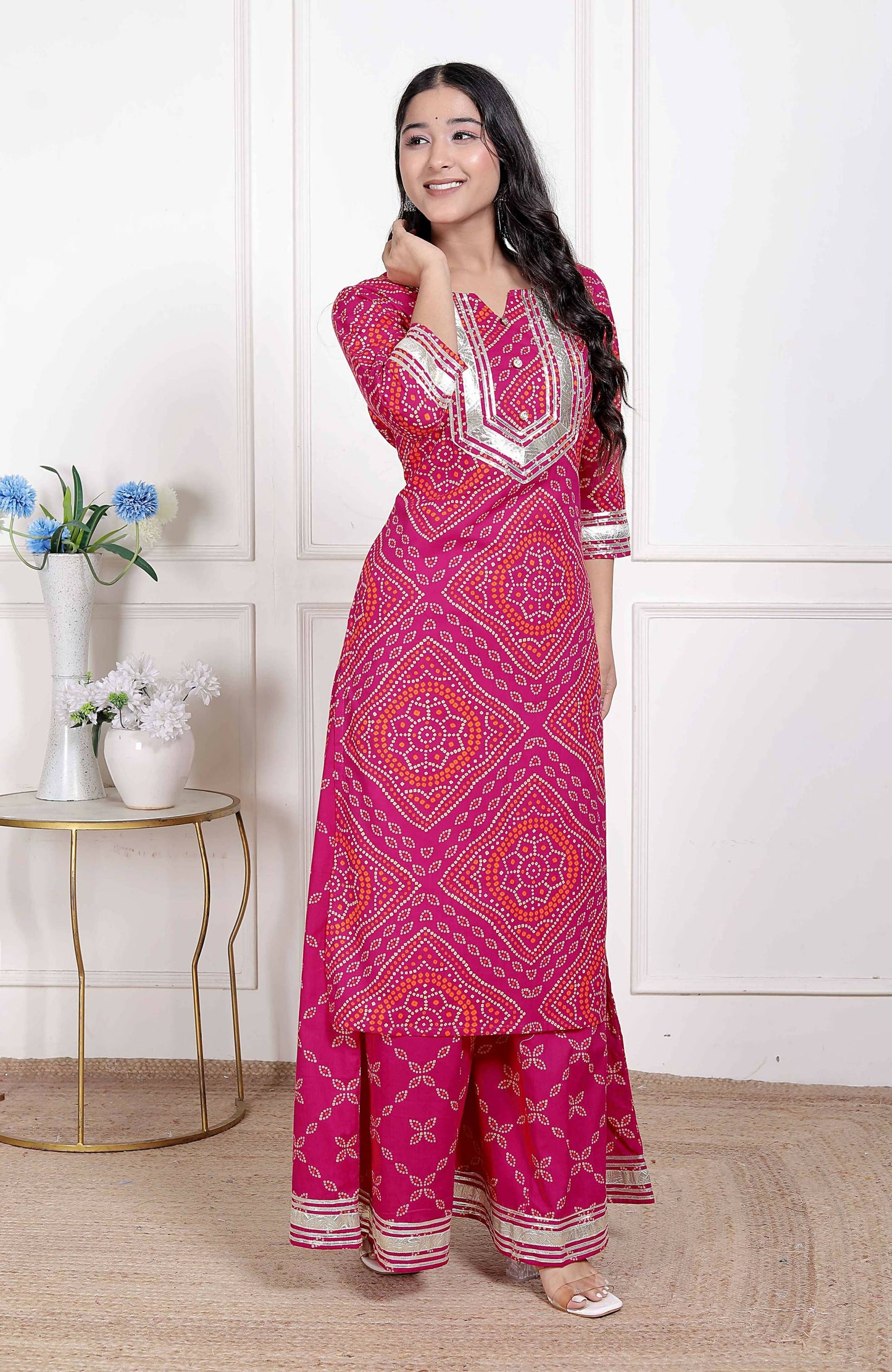 Miravan Women's Pink Bandhani Printed Straight Kurta with Palazzo & Dupatta