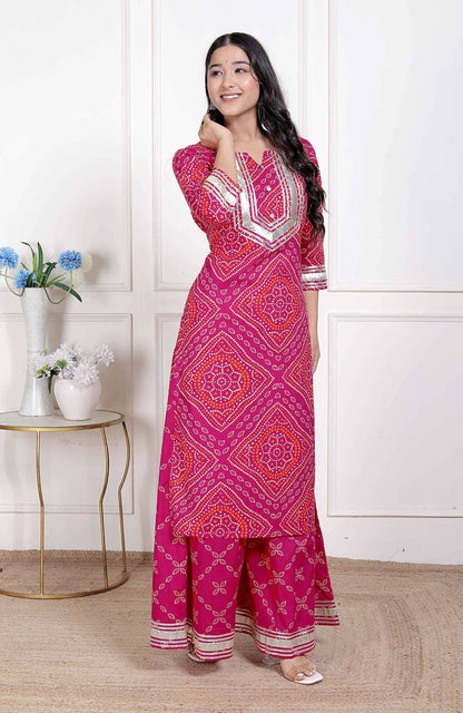 Miravan Women's Pink Bandhani Printed Straight Kurta with Palazzo & Dupatta