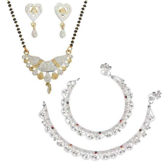 AanyaCentric Gold-Polished Mangalsutra Pendant Earring Set & Silver Plated Anklet